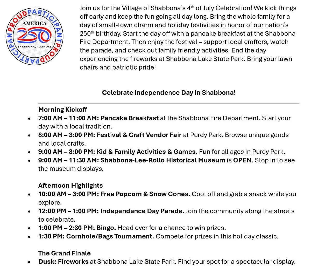 Shabbona 4th July: Craft Fair / Parade / Festival
